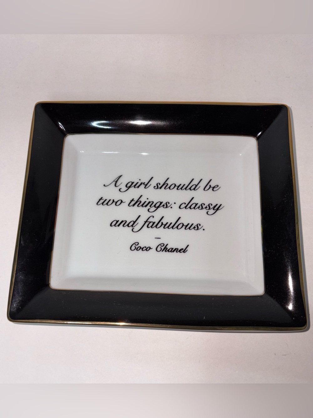 Ceramic Repartee Tray Coco Chanel Quote Classy Fabulous Gump’s Black Gold Trim